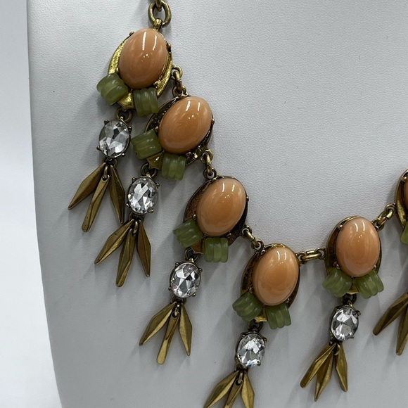 J Crew Peach Blush & Sage Green and Crystal and metal Statement Bib Necklace - Picture 4 of 16